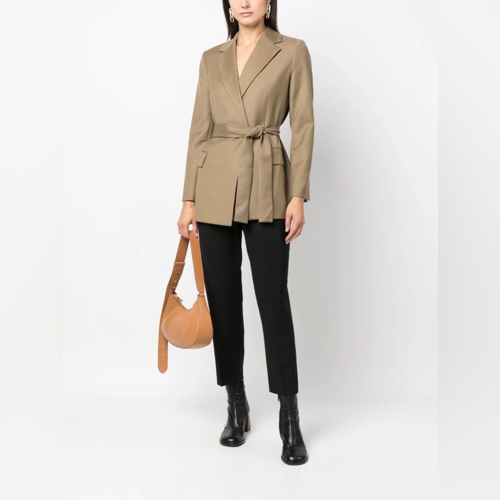 NWT Theory Virgin Wool Belted Blazer Short Jacket in Dark Beige | Size 00
